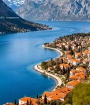  湖畔小镇雪山自然风光5931#竖屏 	 