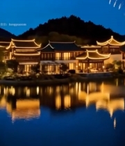  湖畔古建筑上空烟花绽放1623#竖屏 	 