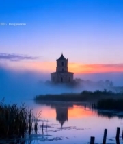  湖畔古建筑日出美景4536#竖屏 	 