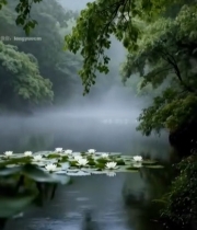  湖面睡莲与雾中树林景观6863#竖屏 	 