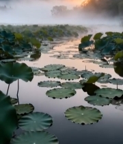  荷塘晨雾日出自然风光4857#竖屏 	 