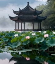  湖景中式凉亭与荷花景观5166#竖屏 	 