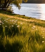  湖边草地花朵自然风光4634#竖屏 	 