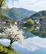  湖边山村春景自然风光6344#竖屏 	 