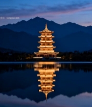 湖边古塔楼夜景倒影516#竖屏 	 