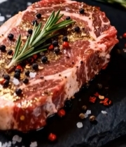  黑石板上撒调料的牛排7095#竖屏 	 