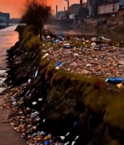  河边工厂烟囱排烟及垃圾堆放52#竖屏 	 