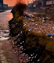  河边工厂烟囱排烟及垃圾堆放52#竖屏 	 