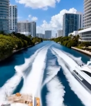  河道中双游艇穿行城市高楼间5197#竖屏 	 