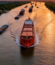  河流货船日落航拍素材5275#竖屏 	 