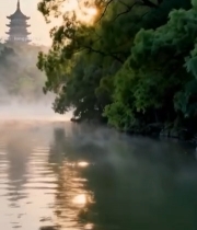  杭州西湖雷峰塔湖边晨景3015#竖屏 	 