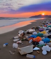  海滩夕阳下的垃圾堆积景象990#竖屏 	 