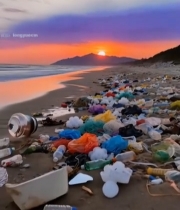  海滩夕阳下的垃圾堆积景象990#竖屏 	 