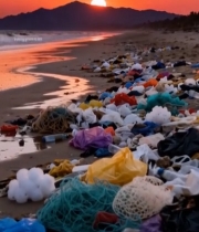  海滩日落时的垃圾堆积景象2641#竖屏 	 
