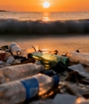  海滩日落时的塑料垃圾2477#竖屏 	 