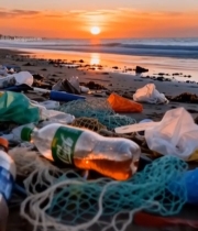  海滩日落时的塑料垃圾(2)6738#竖屏 	 