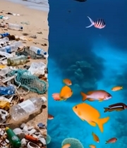  海滩海洋垃圾与海底珊瑚对比5103#竖屏 	 