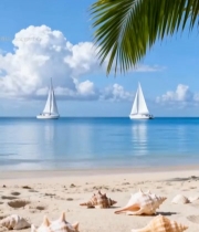  海滩帆船与沙滩贝壳风景(1)7147#竖屏 	 