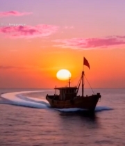 海上渔船日落航行景象4079#竖屏 	 