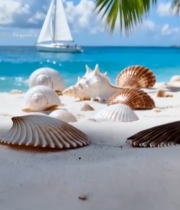  海滩贝壳与远处帆船景观2448#竖屏 	 