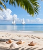  海滩帆船与沙滩贝壳景观5186#竖屏 	 