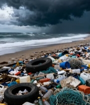  海滩堆积大量垃圾污染场景4410#竖屏 	 