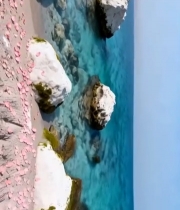  海滩礁石与散落粉色花瓣186#竖屏 	 