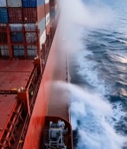  海上集装箱货轮航行画面3358#竖屏 	 