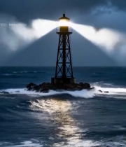  海上灯塔在夜空中散发光芒5147#竖屏 	 