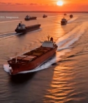  海上货船日落航行全景3910#竖屏 	 