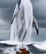  海面上鲸鱼跃出船旁场景1348#竖屏 	 