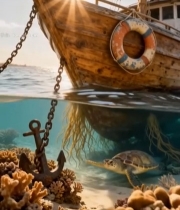  海面上停泊木船及水下海龟景象1557#竖屏 	 