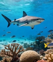  海底鲨鱼与珊瑚鱼群景象7582#竖屏 	 