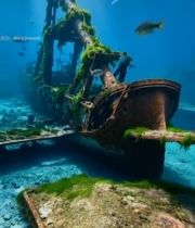  海底生锈残骸与游动鱼群92#竖屏 	 