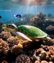  海底海龟与珊瑚鱼类景象4617#竖屏 	 