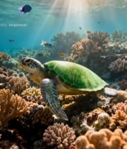  海底海龟游弋珊瑚礁画面3084#竖屏 	 