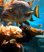  海底大鱼与橙色鱼群珊瑚景观4550#竖屏 	 