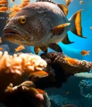  海底大鱼与橙色鱼群珊瑚景观4550#竖屏 	 