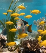  海底彩色大鱼与黄色鱼群画面97#竖屏 	 