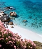  海边沙滩岩石与粉色花卉景观4307#竖屏 	 