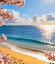  海边沙滩樱花自然风景6336#竖屏 	 