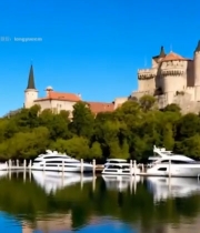  海滨棕榈树旁城堡与游艇景观6552#竖屏 	 