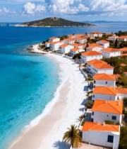  海滨白沙滩与红顶房屋景观5620#竖屏 	 