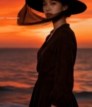  海边夕阳下戴帽女子(1)4231#竖屏 	 