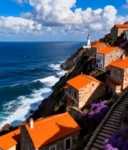  海边悬崖村落与灯塔风景4696#竖屏 	 