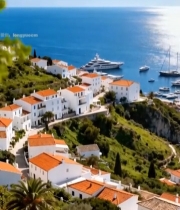  海边小镇与停泊游艇景观7674#竖屏 	 