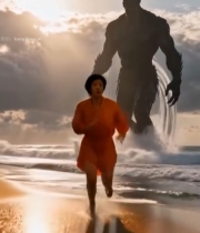  海边女子奔跑与巨型生物同框1621#竖屏 	 