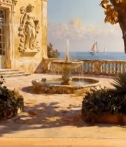  海边欧式建筑庭院喷泉景观443#竖屏 	 