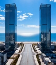  海边高楼大厦航拍全景1674#竖屏 	 