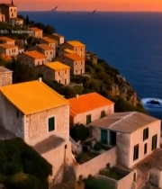  海边村落日落景色3444#竖屏 	 